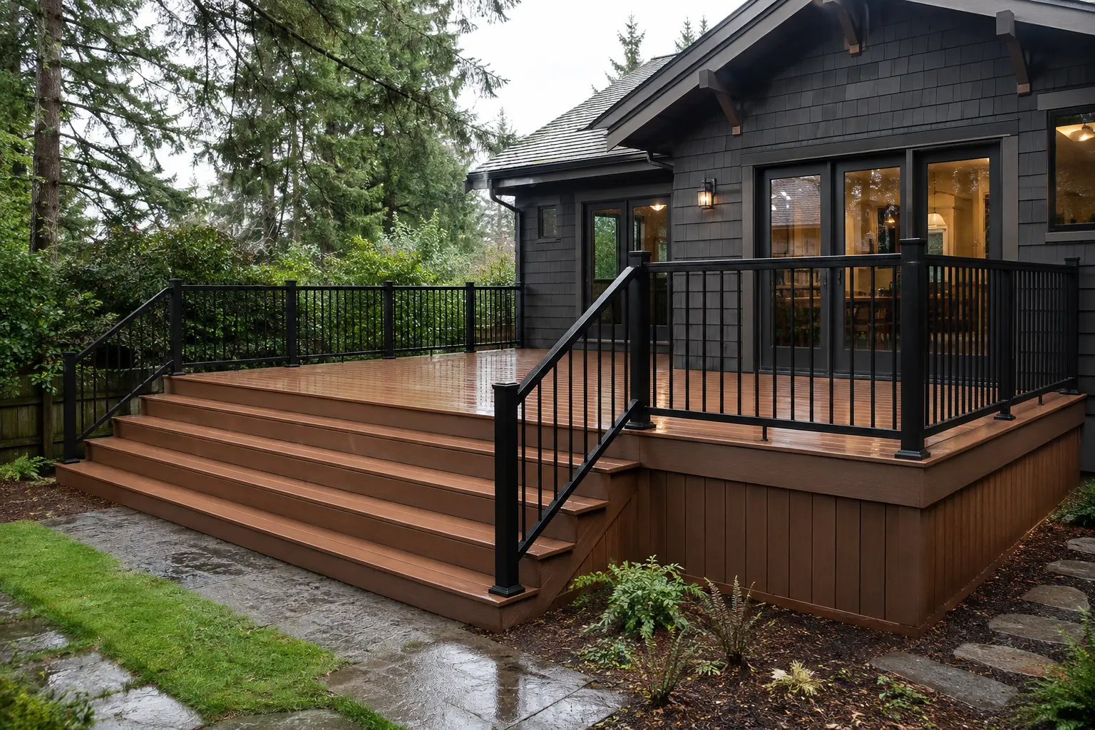 Visualization of a completed composite deck with black railings at an Oregon home