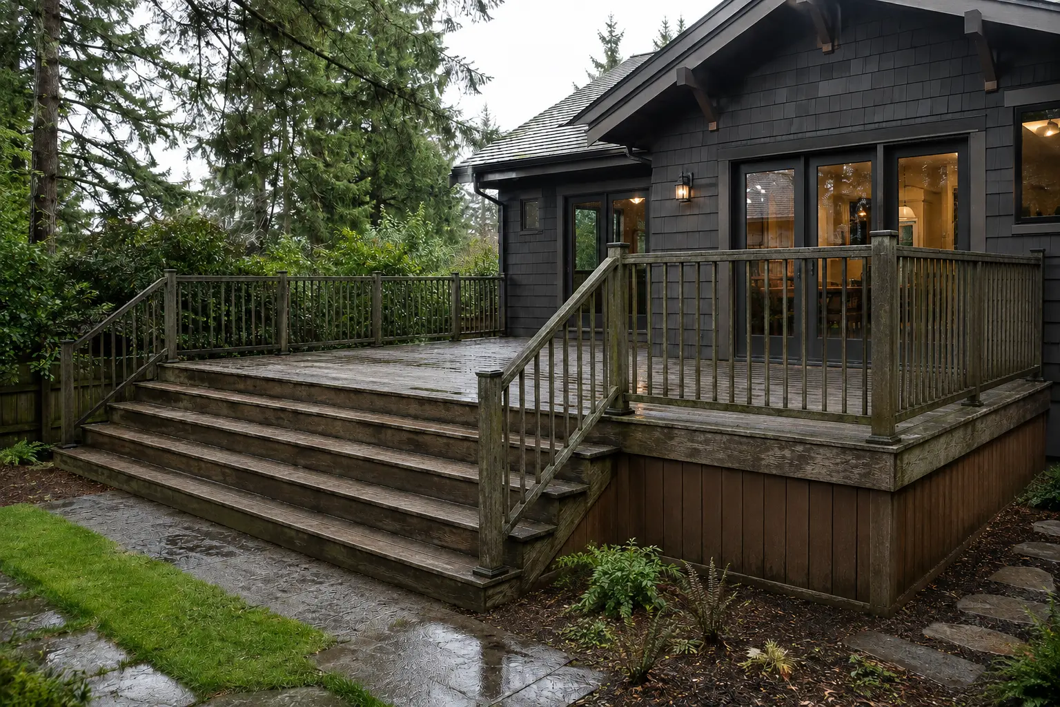 Visualization of a weathered wood deck before replacement