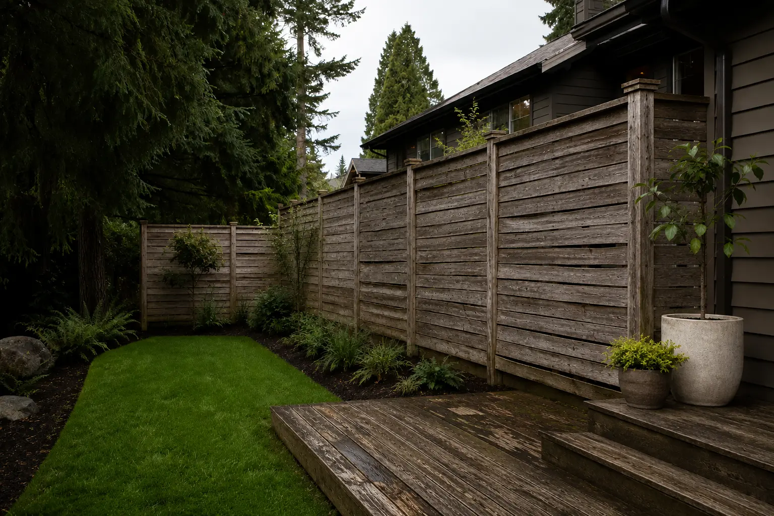 Visualization of a weathered cedar fence and deck before renewal